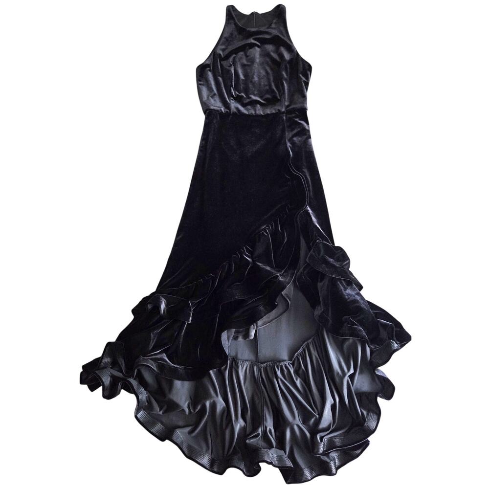 NEW Betsy Adam Vintage 90s Y2K Black Velvet Dress Ruffle High Low Asymmetric 10P